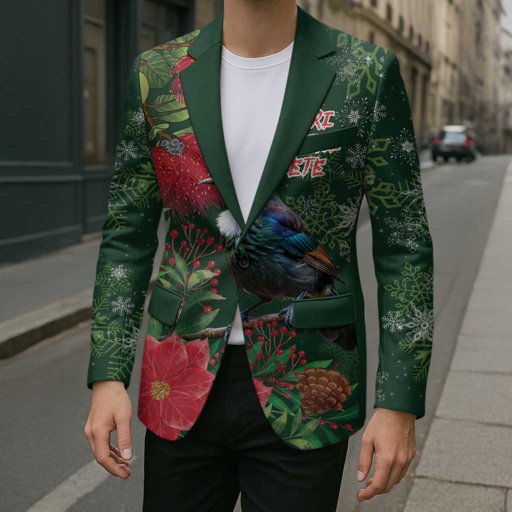 Tui Meri Kirihimete Personalised Blazer Pohutukawa Flowers Green Motif LT9 - Polynesian Pride