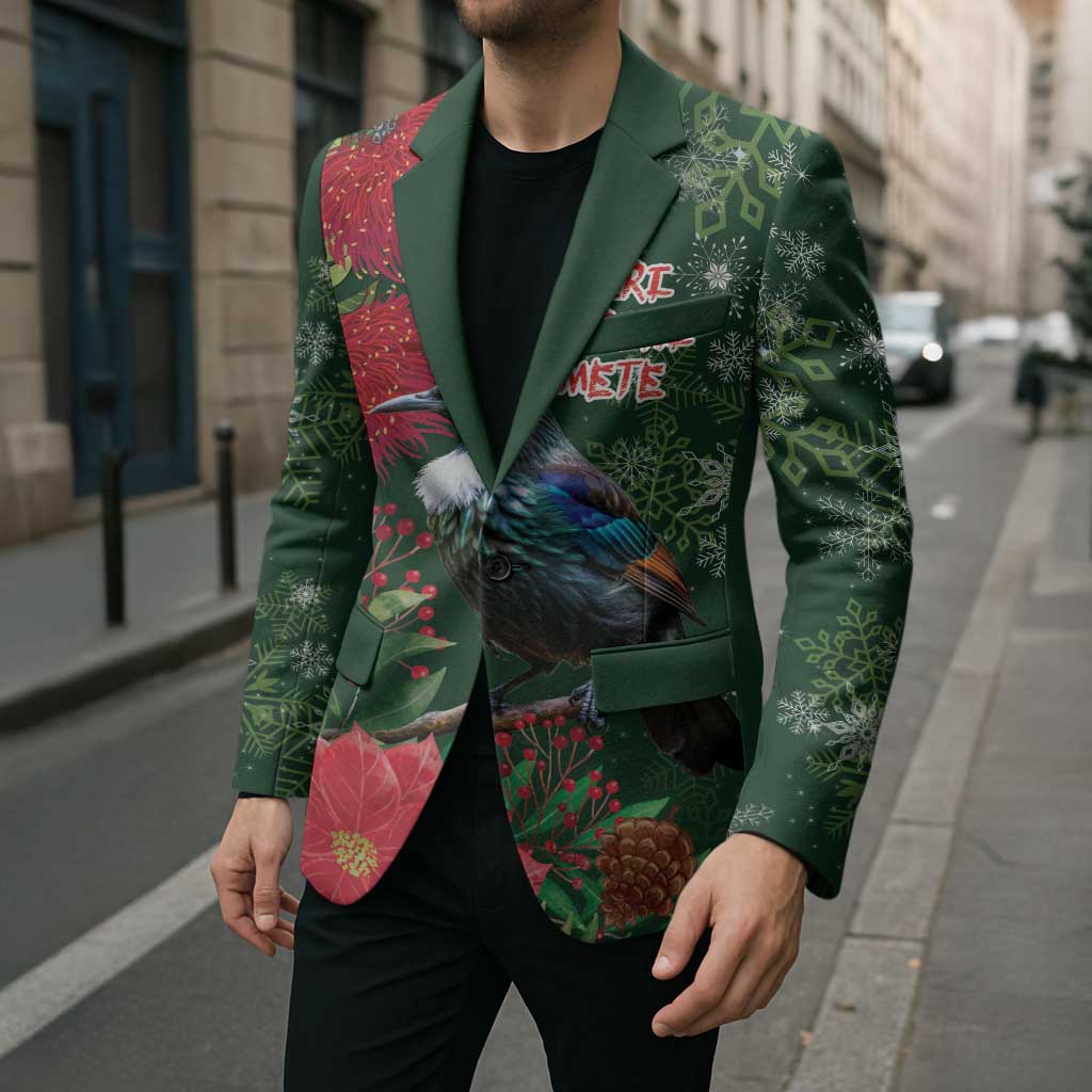 Tui Meri Kirihimete Personalised Blazer Pohutukawa Flowers Green Motif LT9 - Polynesian Pride