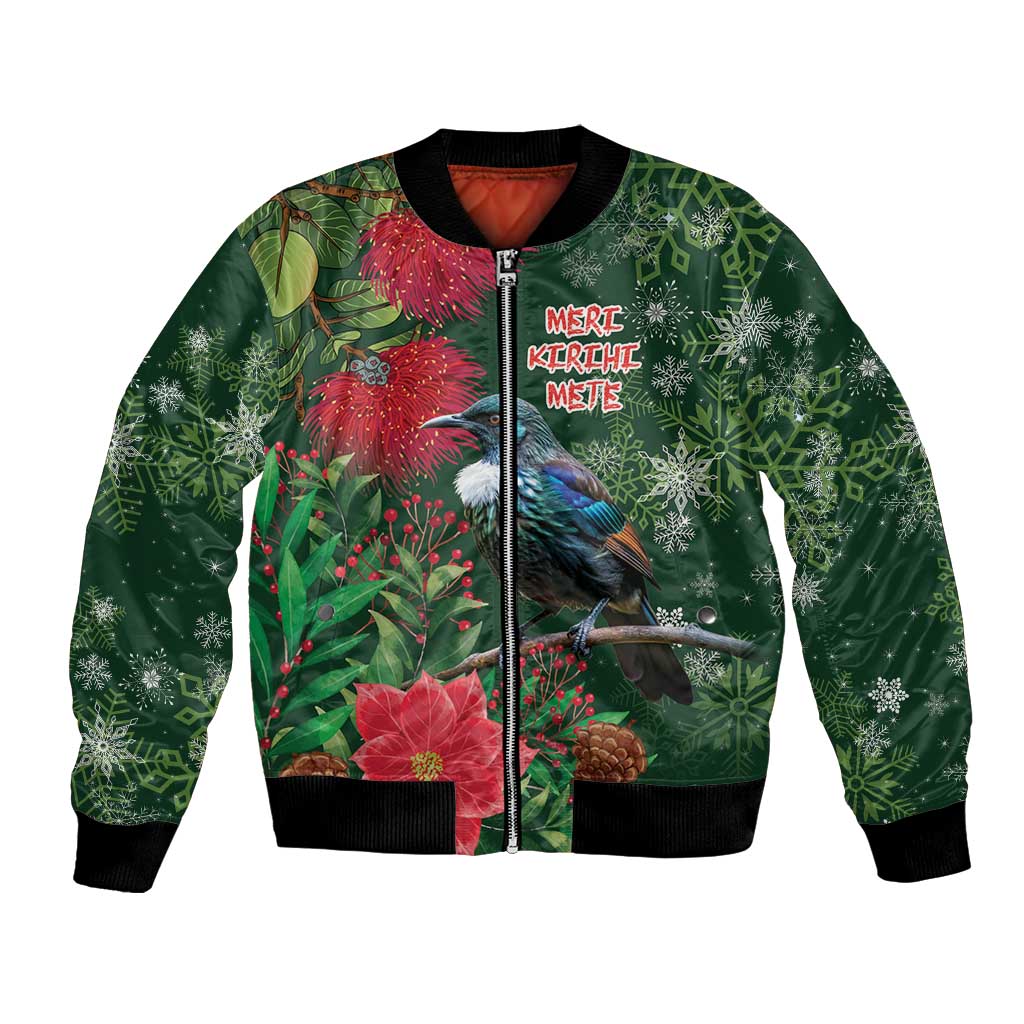 Tui Meri Kirihimete Personalised Bomber Jacket Pohutukawa Flowers Green Motif - Polynesian Pride