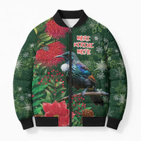 Tui Meri Kirihimete Personalised Bomber Puffer Jacket Pohutukawa Flowers Green Motif - Polynesian Pride