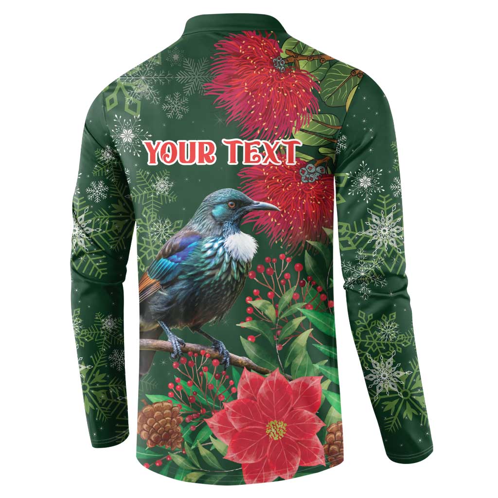 Tui Meri Kirihimete Personalised Button Sweatshirt Pohutukawa Flowers Green Motif - Polynesian Pride