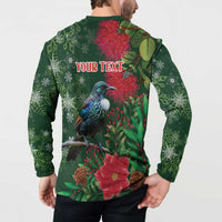 Tui Meri Kirihimete Personalised Button Sweatshirt Pohutukawa Flowers Green Motif - Polynesian Pride