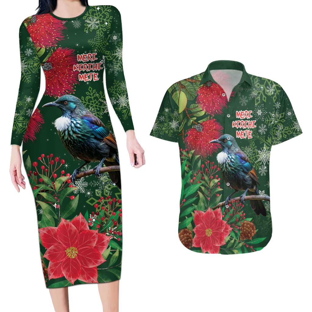 Tui Meri Kirihimete Personalised Couples Matching Long Sleeve Bodycon Dress and Hawaiian Shirt Pohutukawa Flowers Green Motif - Polynesian Pride