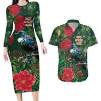 Tui Meri Kirihimete Personalised Couples Matching Long Sleeve Bodycon Dress and Hawaiian Shirt Pohutukawa Flowers Green Motif - Polynesian Pride