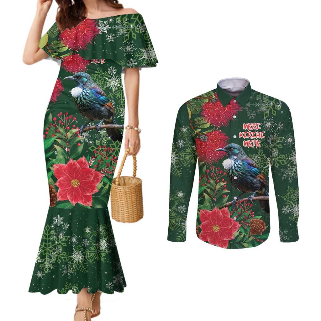Tui Meri Kirihimete Personalised Couples Matching Mermaid Dress and Long Sleeve Button Shirt Pohutukawa Flowers Green Motif - Polynesian Pride