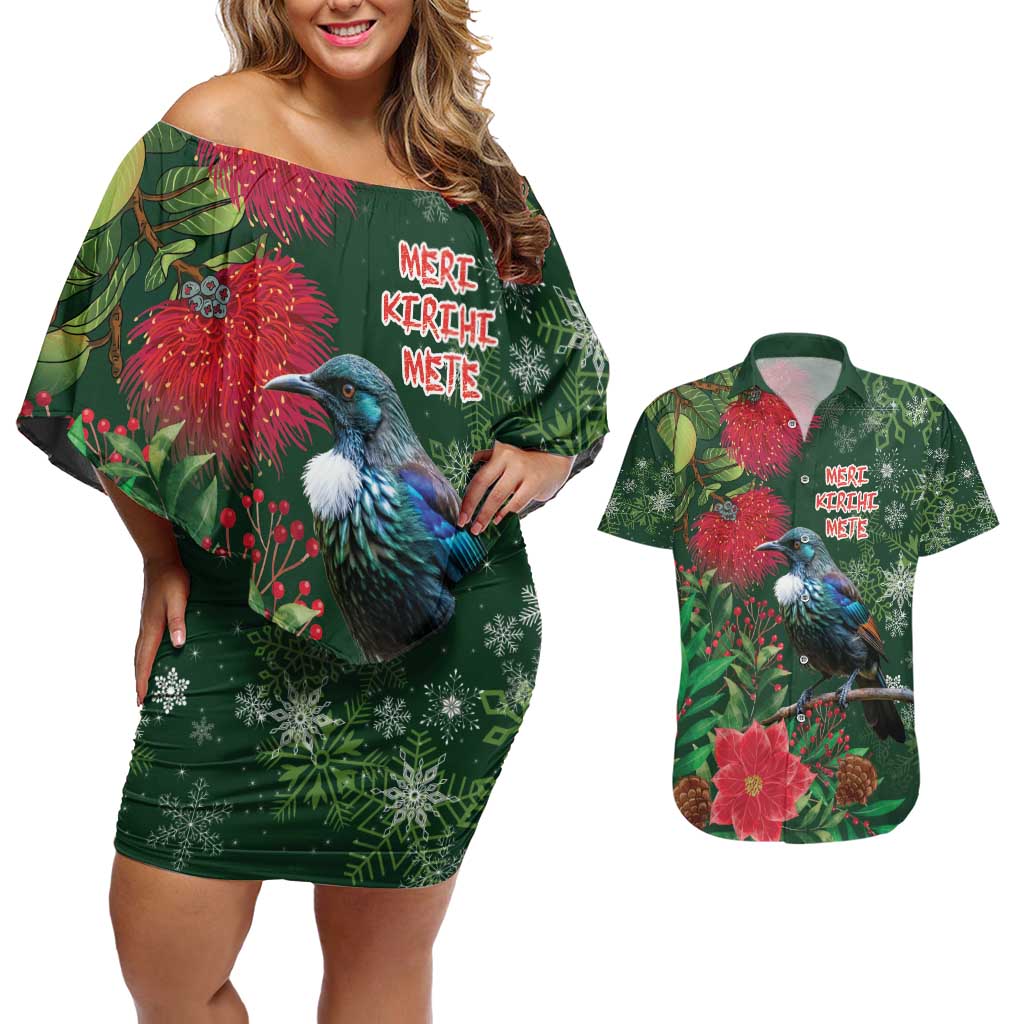 Tui Meri Kirihimete Personalised Couples Matching Off Shoulder Short Dress and Hawaiian Shirt Pohutukawa Flowers Green Motif - Polynesian Pride