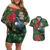 Tui Meri Kirihimete Personalised Couples Matching Off Shoulder Short Dress and Hawaiian Shirt Pohutukawa Flowers Green Motif - Polynesian Pride