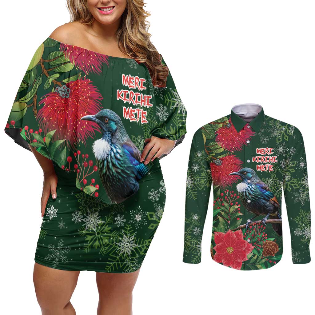 Tui Meri Kirihimete Personalised Couples Matching Off Shoulder Short Dress and Long Sleeve Button Shirt Pohutukawa Flowers Green Motif - Polynesian Pride