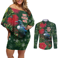 Tui Meri Kirihimete Personalised Couples Matching Off Shoulder Short Dress and Long Sleeve Button Shirt Pohutukawa Flowers Green Motif - Polynesian Pride