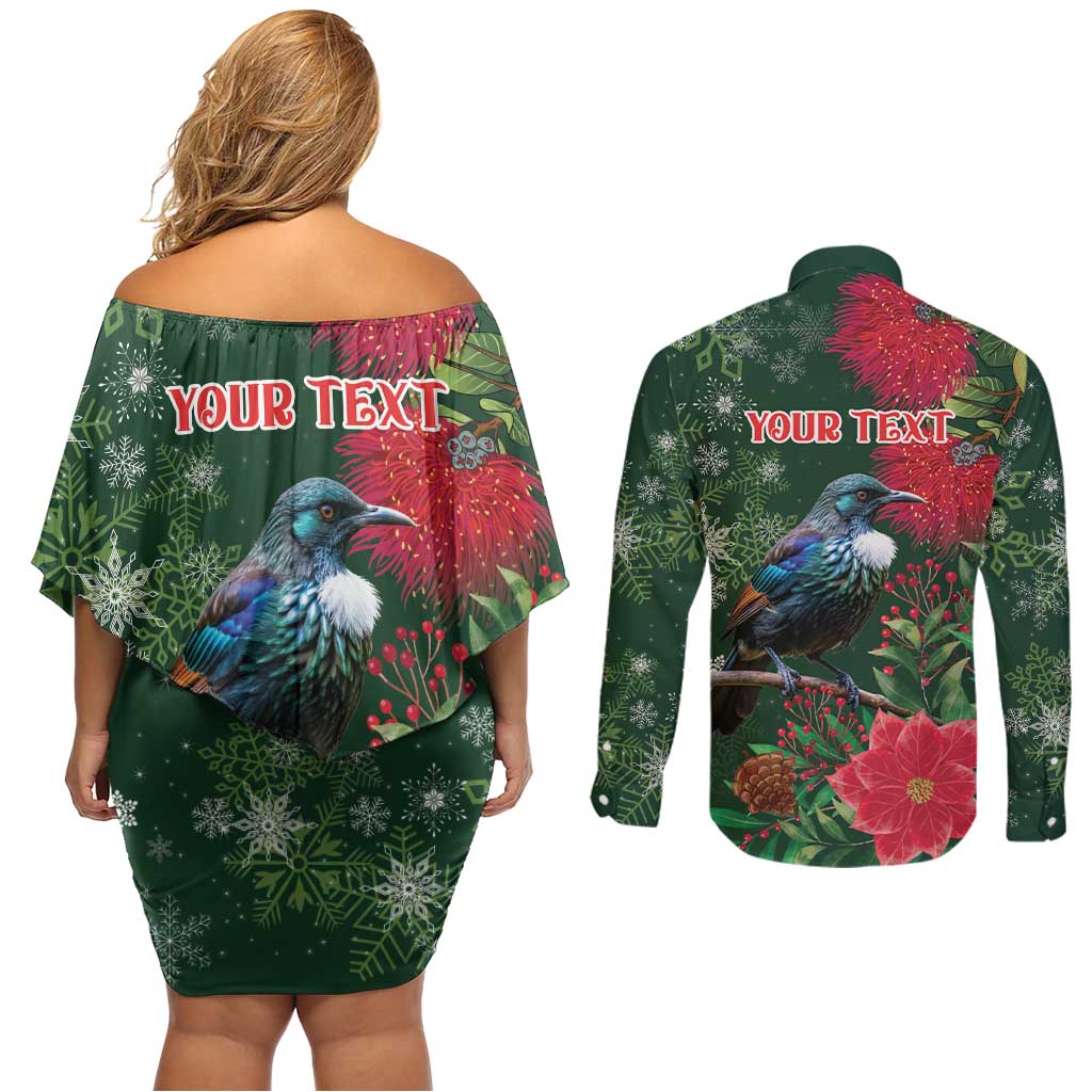 Tui Meri Kirihimete Personalised Couples Matching Off Shoulder Short Dress and Long Sleeve Button Shirt Pohutukawa Flowers Green Motif - Polynesian Pride