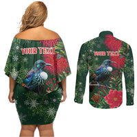 Tui Meri Kirihimete Personalised Couples Matching Off Shoulder Short Dress and Long Sleeve Button Shirt Pohutukawa Flowers Green Motif - Polynesian Pride