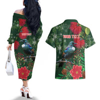 Tui Meri Kirihimete Personalised Couples Matching Off The Shoulder Long Sleeve Dress and Hawaiian Shirt Pohutukawa Flowers Green Motif - Polynesian Pride