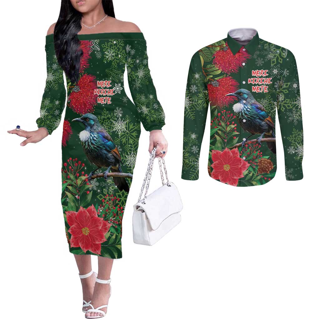 Tui Meri Kirihimete Personalised Couples Matching Off The Shoulder Long Sleeve Dress and Long Sleeve Button Shirt Pohutukawa Flowers Green Motif - Polynesian Pride