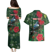 Tui Meri Kirihimete Personalised Couples Matching Puletasi and Hawaiian Shirt Pohutukawa Flowers Green Motif - Polynesian Pride