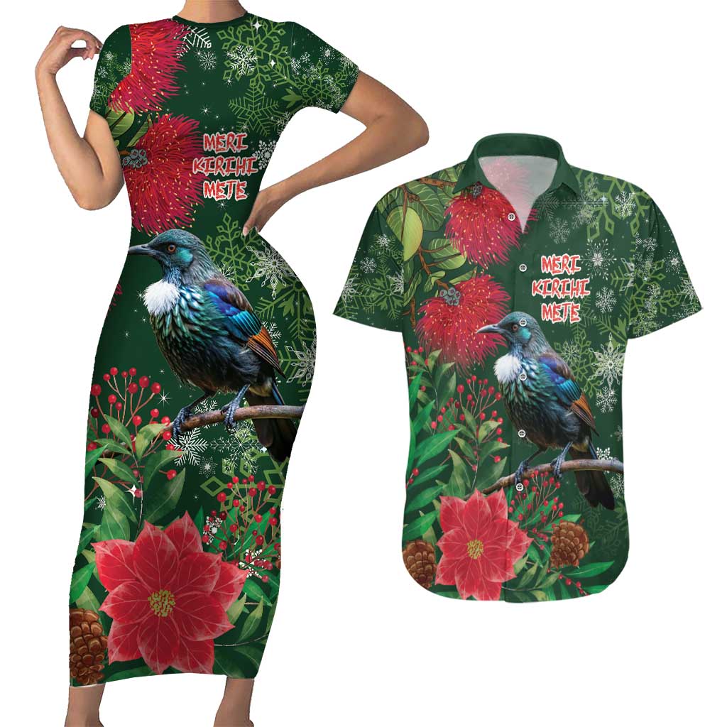 Tui Meri Kirihimete Personalised Couples Matching Short Sleeve Bodycon Dress and Hawaiian Shirt Pohutukawa Flowers Green Motif - Polynesian Pride