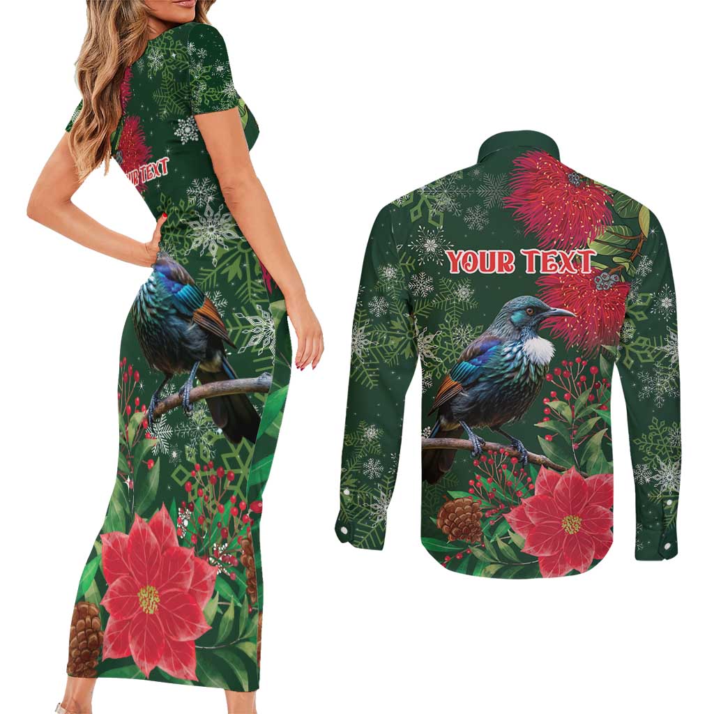Tui Meri Kirihimete Personalised Couples Matching Short Sleeve Bodycon Dress and Long Sleeve Button Shirt Pohutukawa Flowers Green Motif - Polynesian Pride