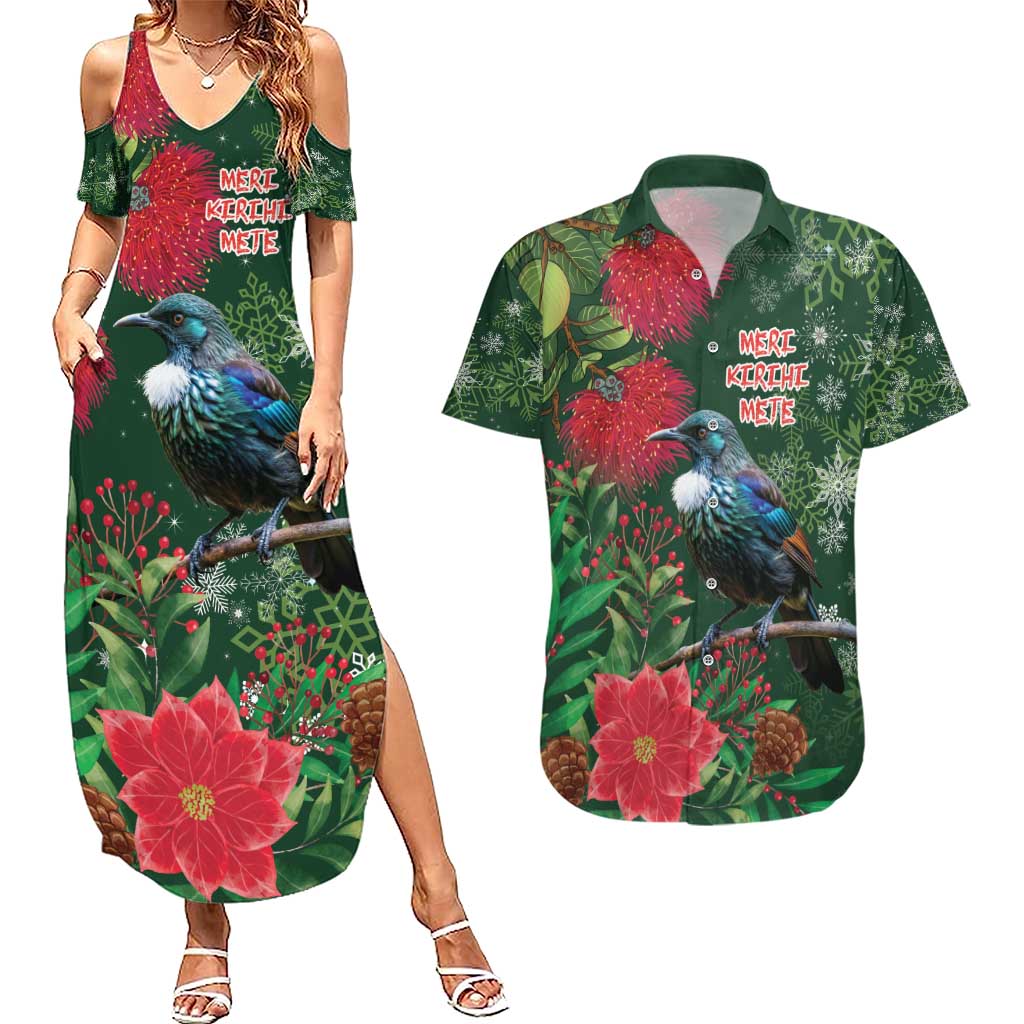 Tui Meri Kirihimete Personalised Couples Matching Summer Maxi Dress and Hawaiian Shirt Pohutukawa Flowers Green Motif - Polynesian Pride