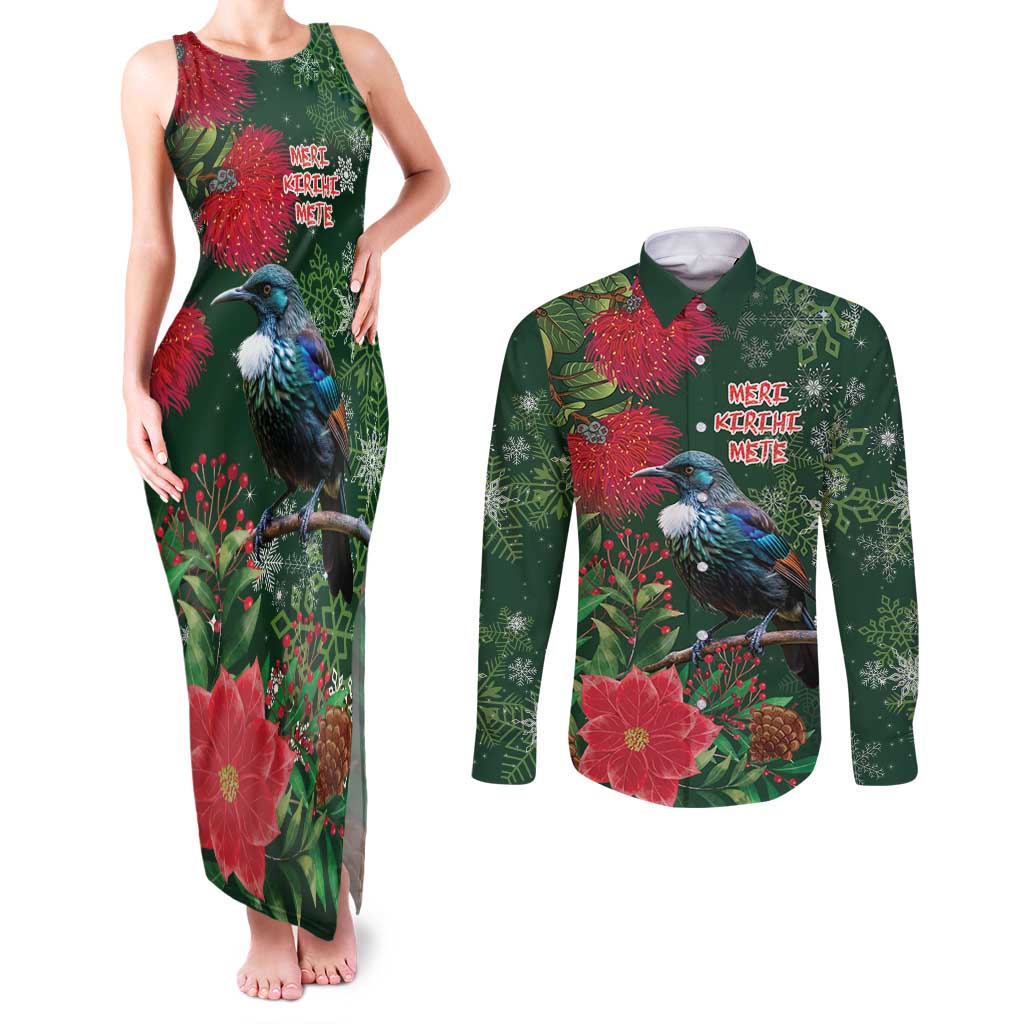 Tui Meri Kirihimete Personalised Couples Matching Tank Maxi Dress and Long Sleeve Button Shirt Pohutukawa Flowers Green Motif - Polynesian Pride