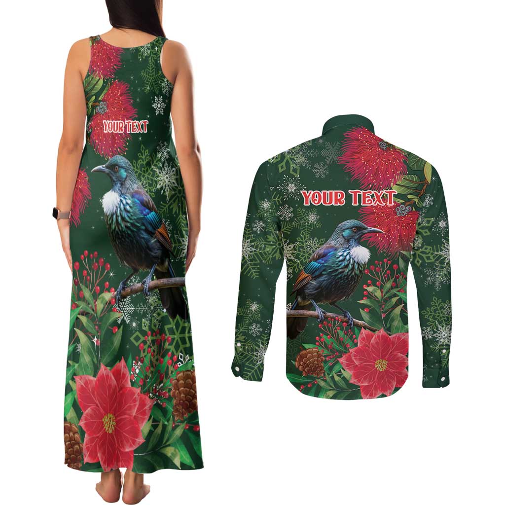 Tui Meri Kirihimete Personalised Couples Matching Tank Maxi Dress and Long Sleeve Button Shirt Pohutukawa Flowers Green Motif - Polynesian Pride