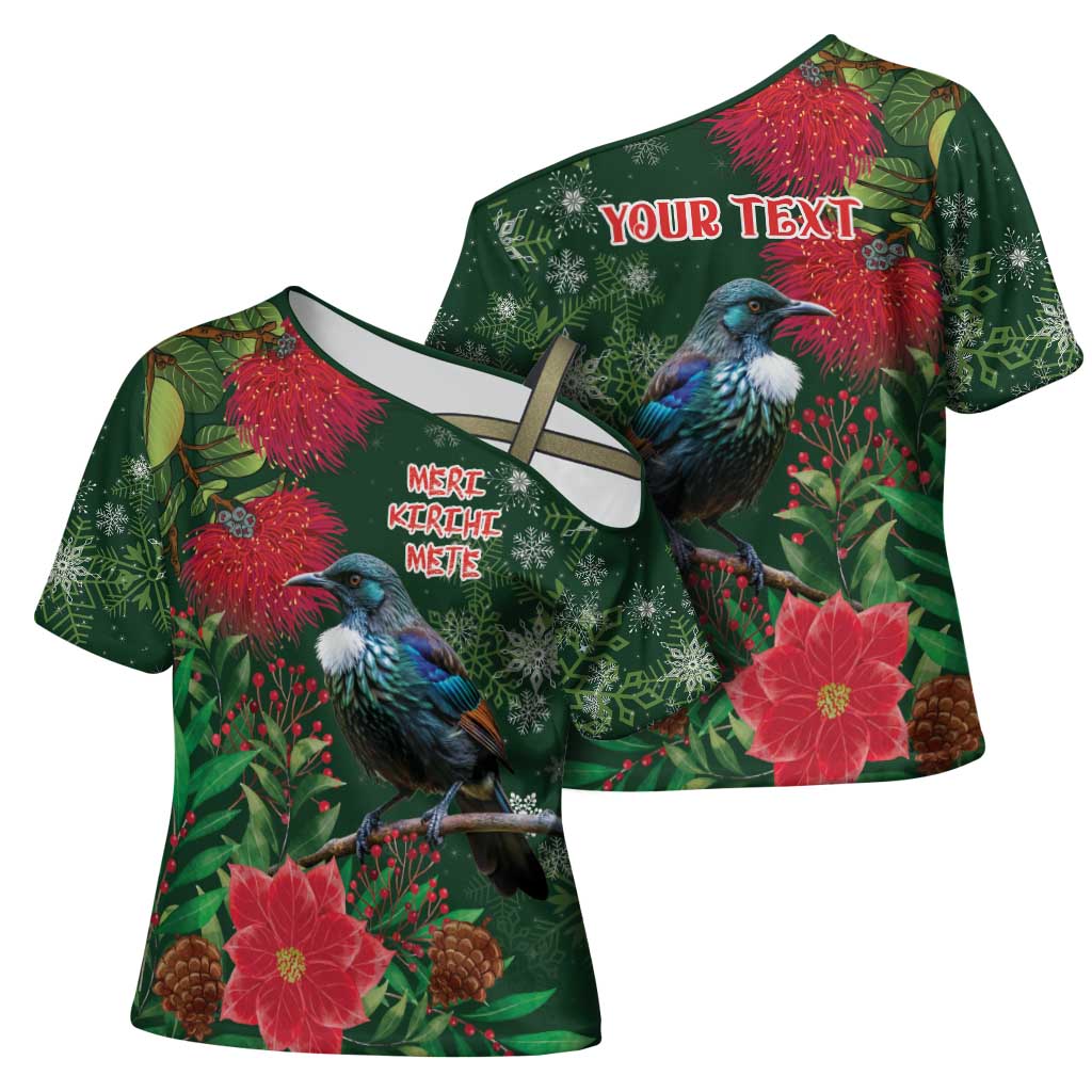 Tui Meri Kirihimete Personalised Cross Shoulder Shirt Pohutukawa Flowers Green Motif - Polynesian Pride