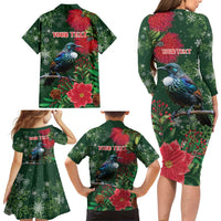 Tui Meri Kirihimete Personalised Family Matching Long Sleeve Bodycon Dress and Hawaiian Shirt Pohutukawa Flowers Green Motif - Polynesian Pride