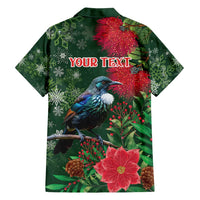 Tui Meri Kirihimete Personalised Family Matching Long Sleeve Bodycon Dress and Hawaiian Shirt Pohutukawa Flowers Green Motif - Polynesian Pride