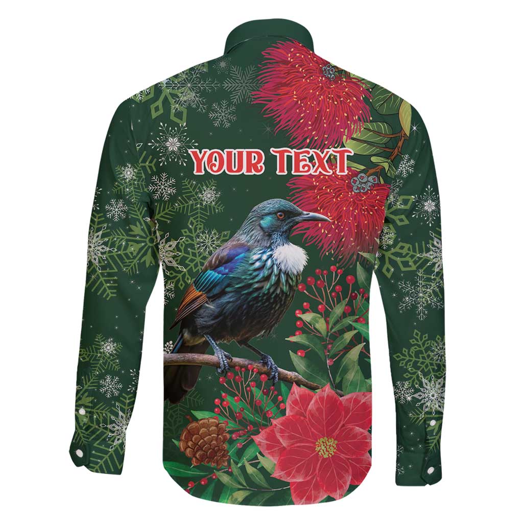 Tui Meri Kirihimete Personalised Family Matching Long Sleeve Bodycon Dress and Hawaiian Shirt Pohutukawa Flowers Green Motif - Polynesian Pride