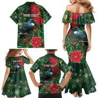 Tui Meri Kirihimete Personalised Family Matching Mermaid Dress and Hawaiian Shirt Pohutukawa Flowers Green Motif - Polynesian Pride