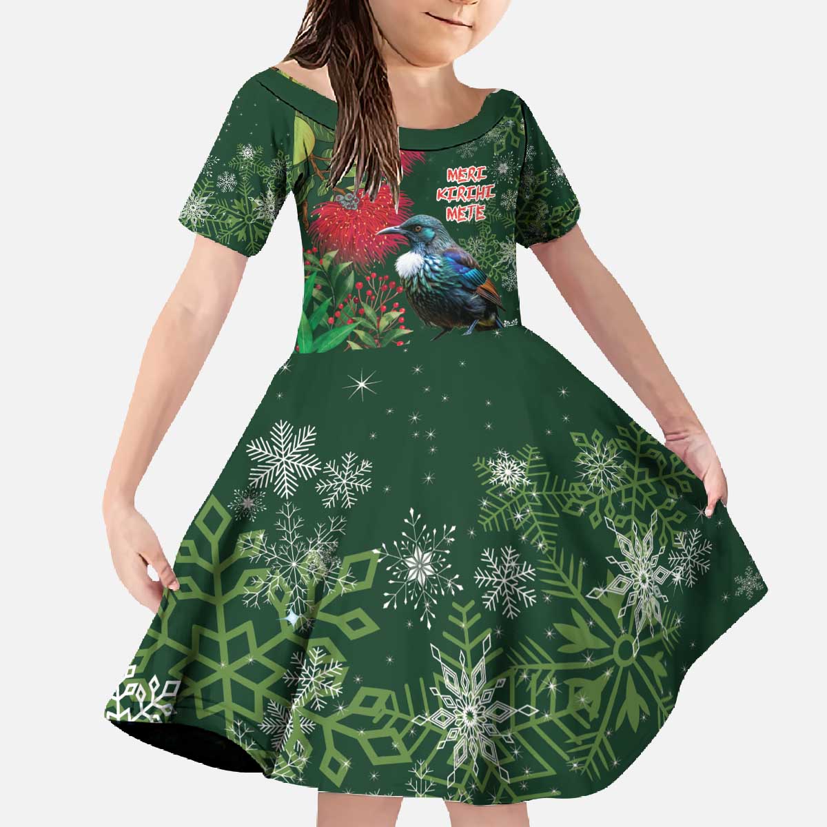 Tui Meri Kirihimete Personalised Family Matching Off The Shoulder Long Sleeve Dress and Hawaiian Shirt Pohutukawa Flowers Green Motif - Polynesian Pride