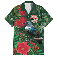 Tui Meri Kirihimete Personalised Family Matching Off The Shoulder Long Sleeve Dress and Hawaiian Shirt Pohutukawa Flowers Green Motif - Polynesian Pride