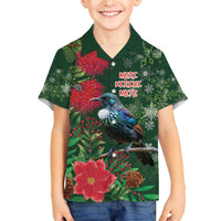 Tui Meri Kirihimete Personalised Family Matching Off The Shoulder Long Sleeve Dress and Hawaiian Shirt Pohutukawa Flowers Green Motif - Polynesian Pride