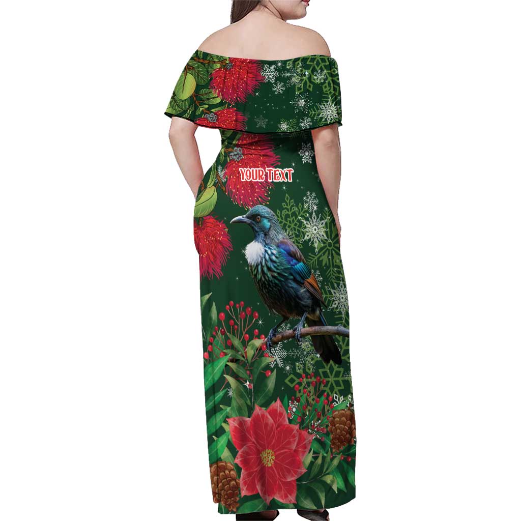 Tui Meri Kirihimete Personalised Family Matching Off Shoulder Maxi Dress and Hawaiian Shirt Pohutukawa Flowers Green Motif - Polynesian Pride