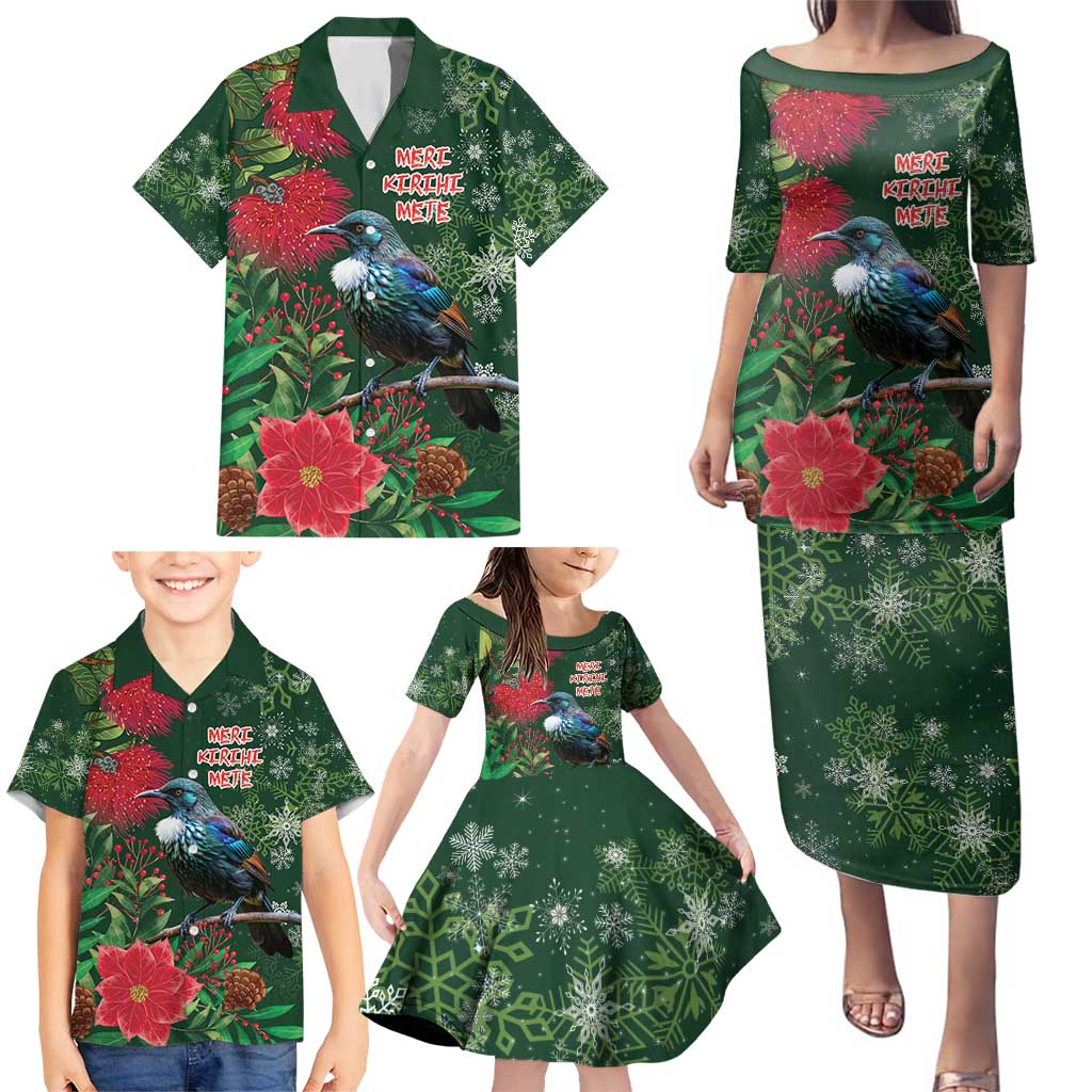 Tui Meri Kirihimete Personalised Family Matching Puletasi and Hawaiian Shirt Pohutukawa Flowers Green Motif - Polynesian Pride