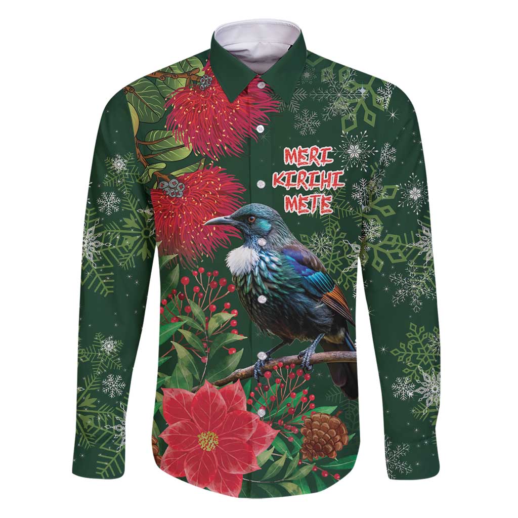 Tui Meri Kirihimete Personalised Family Matching Puletasi and Hawaiian Shirt Pohutukawa Flowers Green Motif - Polynesian Pride