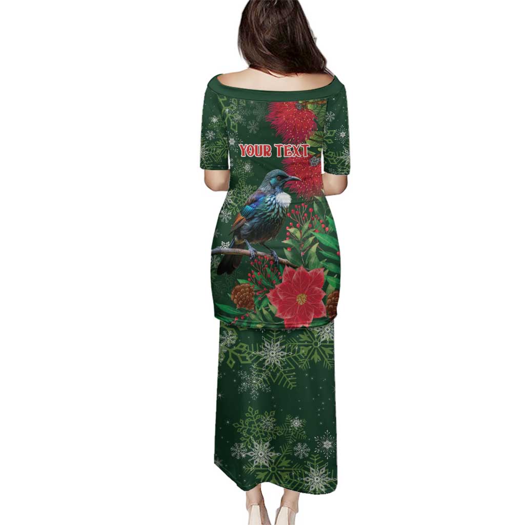 Tui Meri Kirihimete Personalised Family Matching Puletasi and Hawaiian Shirt Pohutukawa Flowers Green Motif - Polynesian Pride