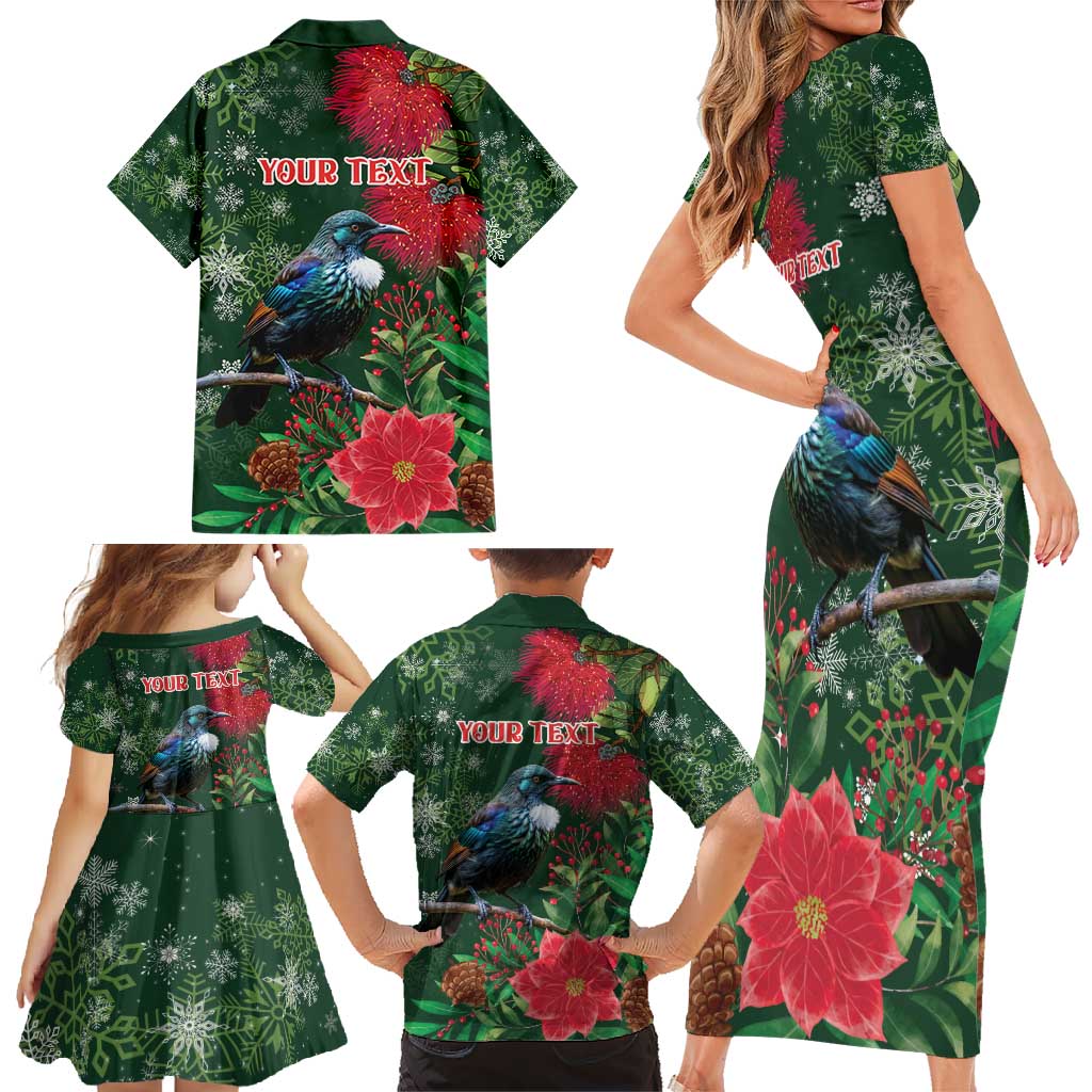 Tui Meri Kirihimete Personalised Family Matching Short Sleeve Bodycon Dress and Hawaiian Shirt Pohutukawa Flowers Green Motif - Polynesian Pride