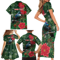 Tui Meri Kirihimete Personalised Family Matching Short Sleeve Bodycon Dress and Hawaiian Shirt Pohutukawa Flowers Green Motif - Polynesian Pride
