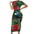 Tui Meri Kirihimete Personalised Family Matching Short Sleeve Bodycon Dress and Hawaiian Shirt Pohutukawa Flowers Green Motif - Polynesian Pride