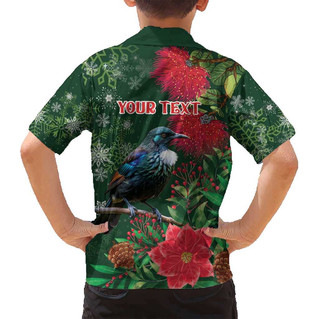 Tui Meri Kirihimete Personalised Family Matching Summer Maxi Dress and Hawaiian Shirt Pohutukawa Flowers Green Motif - Polynesian Pride