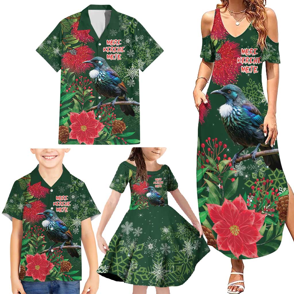 Tui Meri Kirihimete Personalised Family Matching Summer Maxi Dress and Hawaiian Shirt Pohutukawa Flowers Green Motif - Polynesian Pride