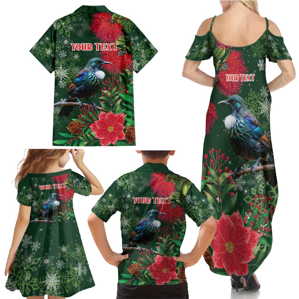 Tui Meri Kirihimete Personalised Family Matching Summer Maxi Dress and Hawaiian Shirt Pohutukawa Flowers Green Motif - Polynesian Pride