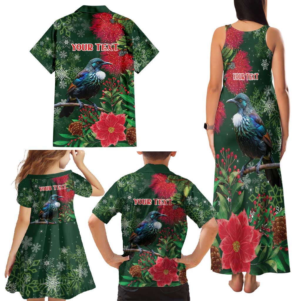 Tui Meri Kirihimete Personalised Family Matching Tank Maxi Dress and Hawaiian Shirt Pohutukawa Flowers Green Motif - Polynesian Pride