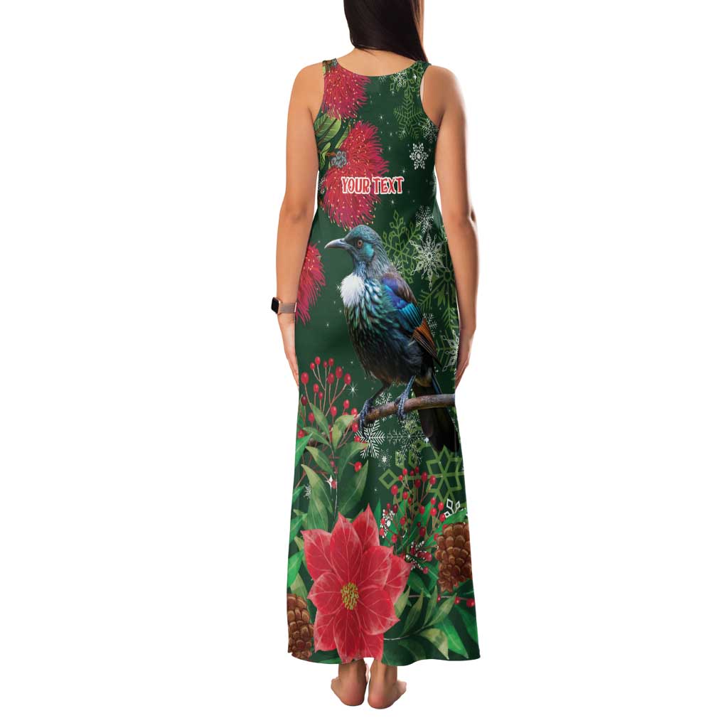 Tui Meri Kirihimete Personalised Family Matching Tank Maxi Dress and Hawaiian Shirt Pohutukawa Flowers Green Motif - Polynesian Pride