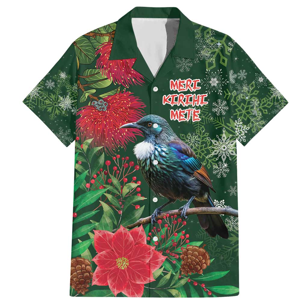 Tui Meri Kirihimete Personalised Hawaiian Shirt Pohutukawa Flowers Green Motif - Polynesian Pride