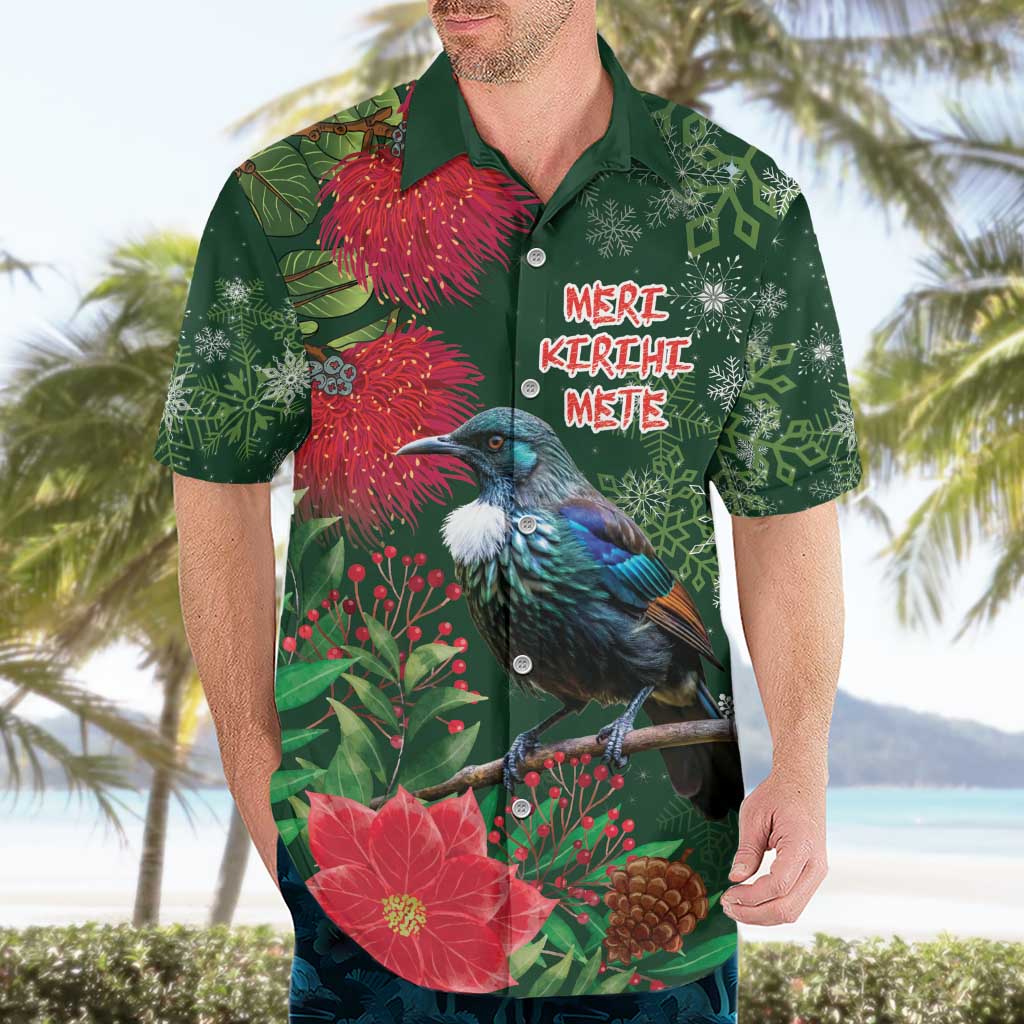 Tui Meri Kirihimete Personalised Hawaiian Shirt Pohutukawa Flowers Green Motif - Polynesian Pride