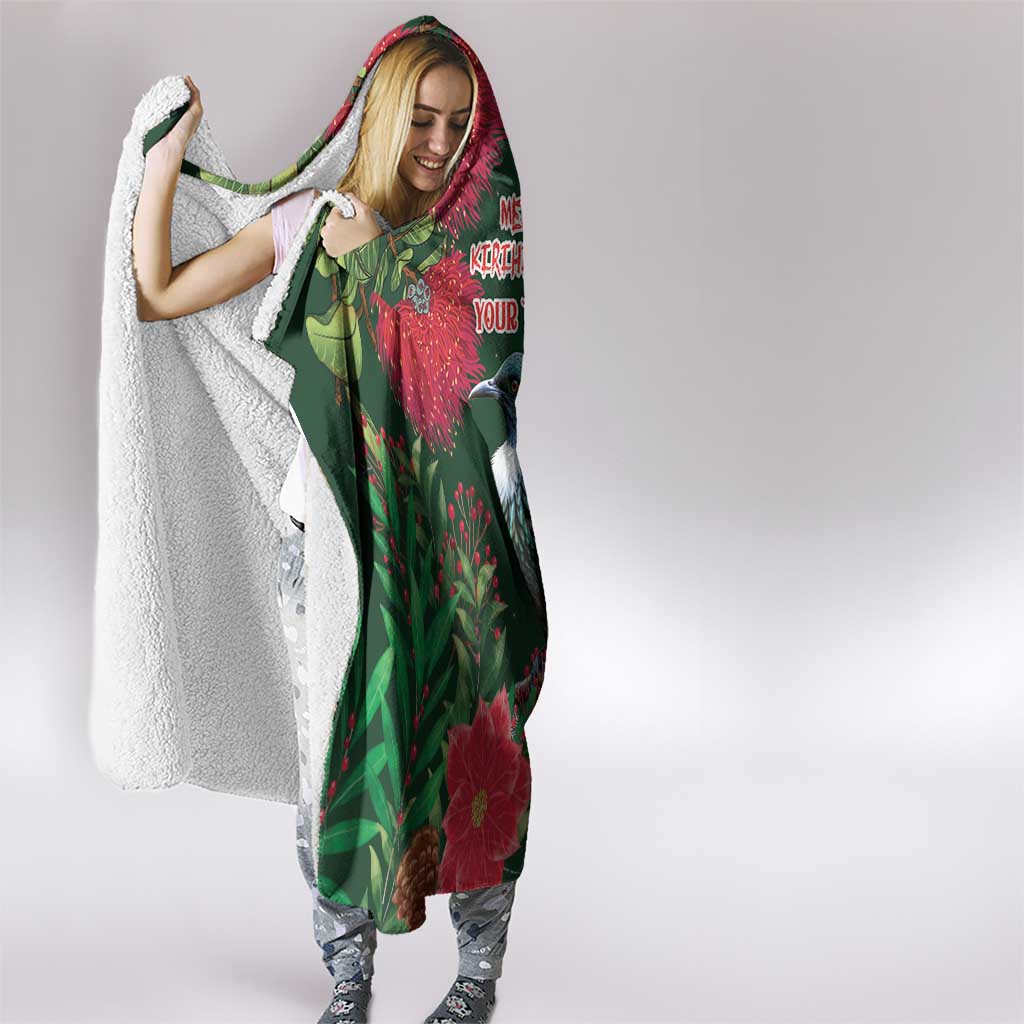 Tui Meri Kirihimete Personalised Hooded Blanket Pohutukawa Flowers Green Motif - Polynesian Pride