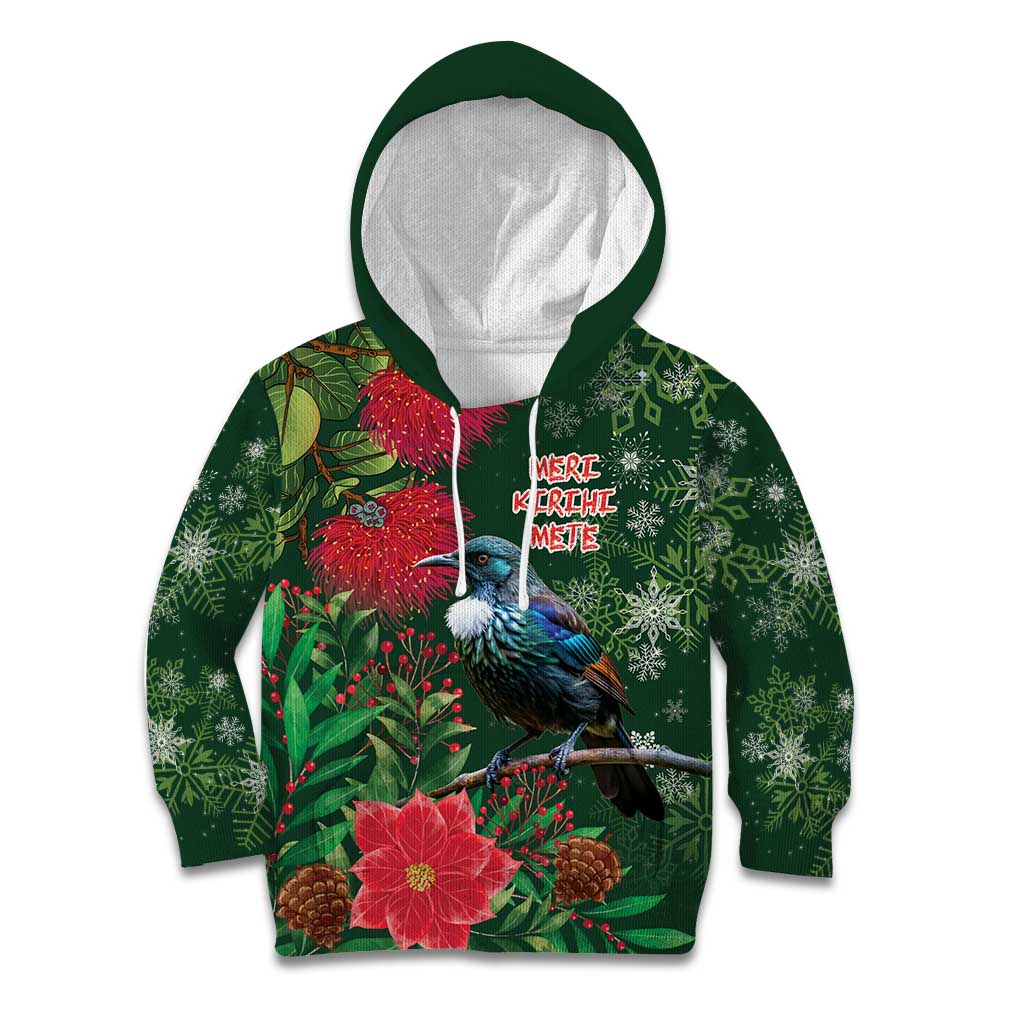 Tui Meri Kirihimete Personalised Kid Hoodie Pohutukawa Flowers Green Motif - Polynesian Pride
