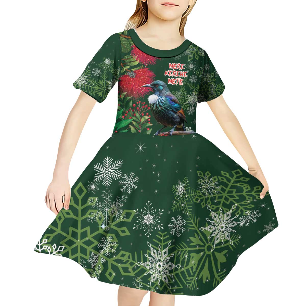 Tui Meri Kirihimete Personalised Kid Short Sleeve Dress Pohutukawa Flowers Green Motif - Polynesian Pride