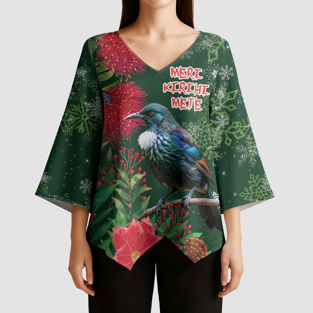 Tui Meri Kirihimete Personalised Kimono Sleeve Blouse Pohutukawa Flowers Green Motif - Polynesian Pride