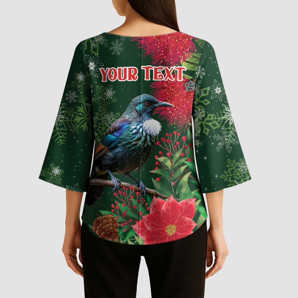 Tui Meri Kirihimete Personalised Kimono Sleeve Blouse Pohutukawa Flowers Green Motif - Polynesian Pride